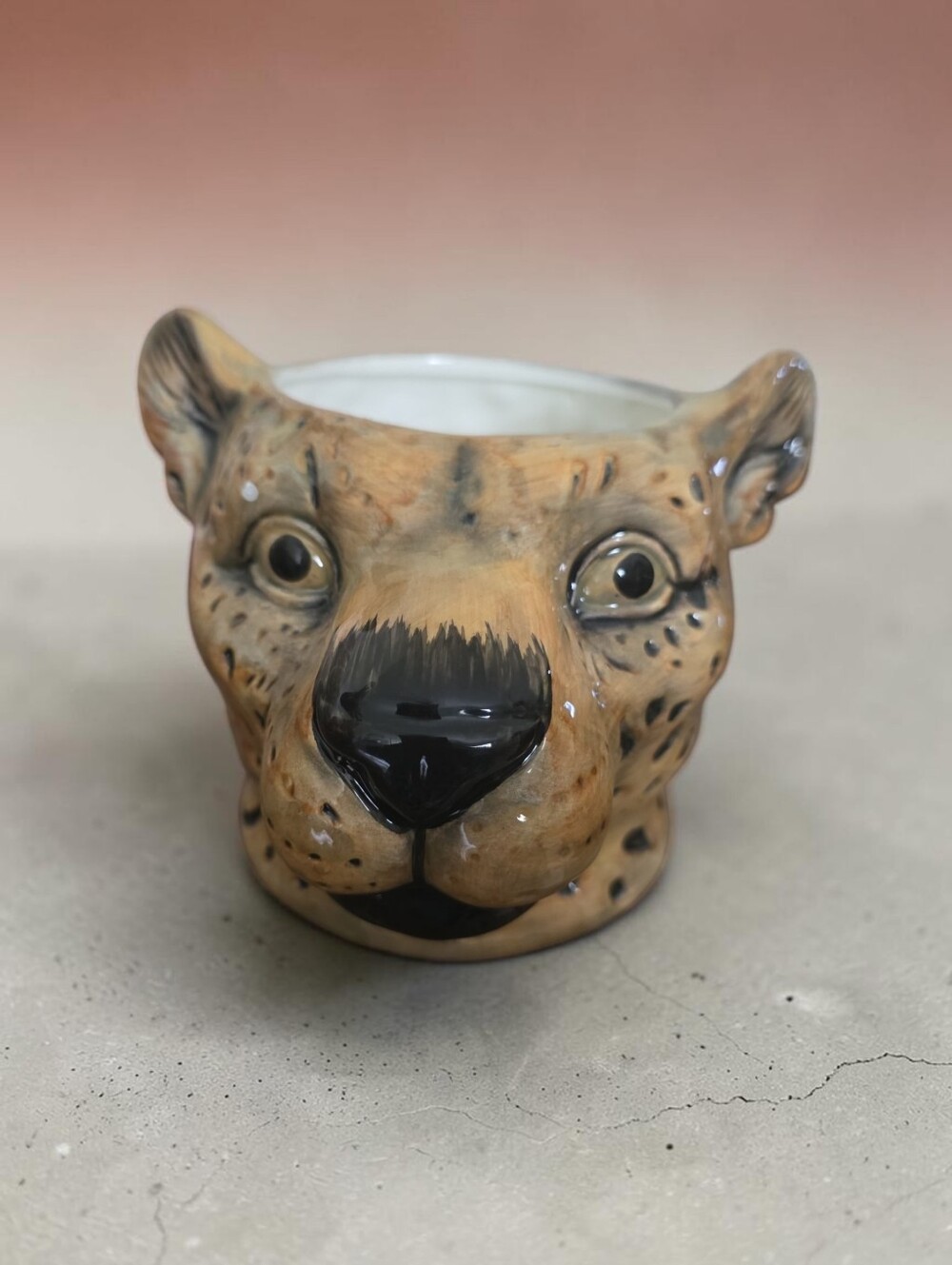 AT HOME Nwot Hand-Painted Ceramic Cheetah Head Candles. 2 Avaiable